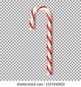 Realistic Xmas candy cane isolated on transparent backdrop. Vector illustration with red and gold sweet for greeting card on Christmas and New Year.