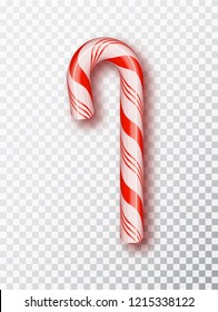 Realistic Xmas candy cane isolated on transparent backdrop.Template for greeting card on Christmas and New Year. Vector illustration. 