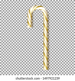 Realistic Xmas candy cane isolated on transparent background. Vector illustration. Top view on golden sweet icon. Template for Christmas and New Year greeting cards.