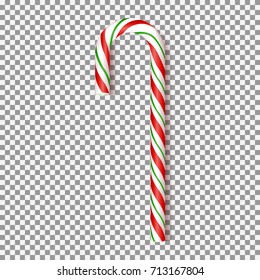 Realistic Xmas candy cane isolated on transparent backdrop. Vector illustration. Top view on icon. Template for greeting card on Christmas and New Year.