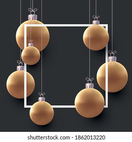 Realistische Xmas goldene Bausteine und Fichtenzweige. Quadratischer Rahmen. Neujahr Flyer, Poster, Karte, Broschüre. Vektorfestivals.