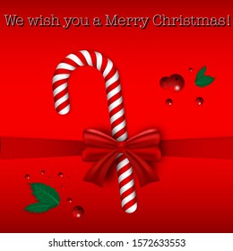 Realistic xmas sweet candy cane, Happy new year and merry Christmas holiday celebrating vector illustration. Red Bow and ribbon, wishes for greeting card, flyer, party. Cartoon background template