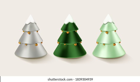 Realistic Xmas tree set isolated on white backdrop. Vector illustration EPS10. Silver Christmas tree with golden balls on white.
