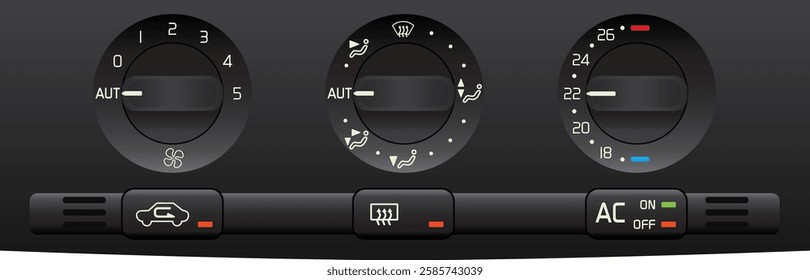 Realistic y2k car electronic auto climate control in dial type switch and push type switch with cabin temperature ambient sensor and rear defogger switch illustration vector.