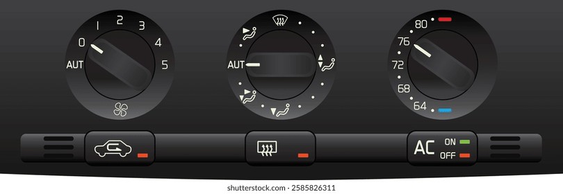 Realistic y2k car electronic auto climate control in dial type switch and push type switch with cabin temperature ambient sensor and rear defogger switch with Fahrenheit dial illustration vector.