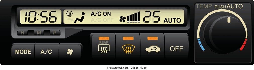 Realistic Y2K era car electronically automatic climate control push type and dial included LCD display and clock in white illuminate themed illustration vector.