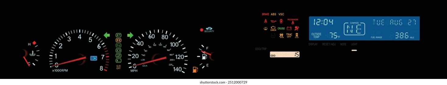 Painel de instrumentos de carro japonês Y2K realista em especificações dos EUA com em design panorâmico e tela de computador grande grande azul incluído indicador de sistema de segurança luz ilustração vetor.