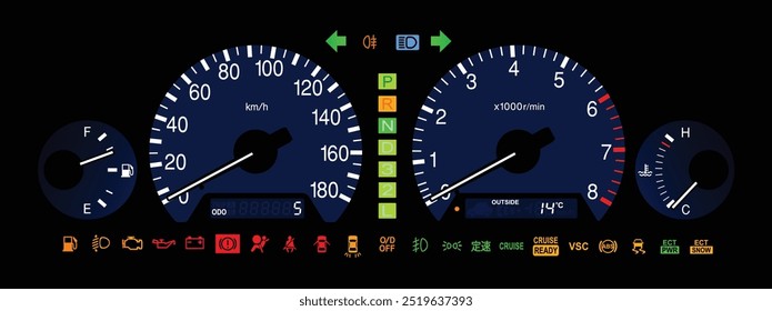 Realista Y2K japonés sedán de tamaño mediano de lujo en Especificaciones japonesas con control de crucero por radar y Vector de ilustración de iluminación de caja de cambios automática de 5 velocidades.