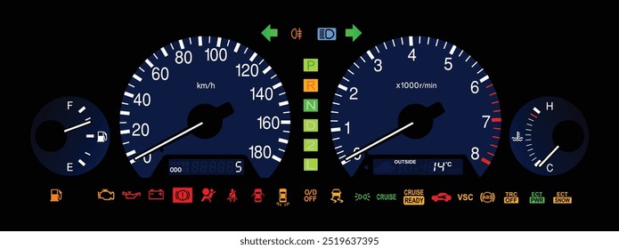 Realista Y2K japonés sedán de tamaño mediano de lujo en Especificaciones japonesas con control de crucero por radar y Vector de ilustración de iluminación de caja de cambios automática de 4 velocidades.