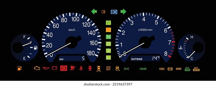 Realista Y2K japonés sedán de tamaño mediano de lujo en Especificaciones japonesas con Especificaciones 4WD y  de 4 velocidades Vector de ilustración de iluminación de caja de cambios automática.