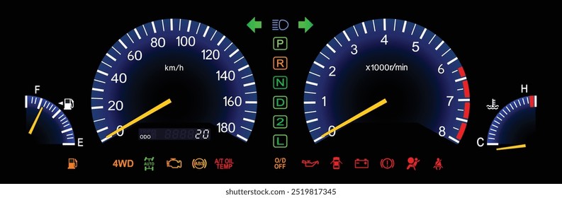 Minivan de lujo japonés realista Y2K de tamaño mediano con motor de gasolina en Especificaciones 4WD y Vector de ilustración de grupo de indicadores de iluminación de caja de cambios automática.