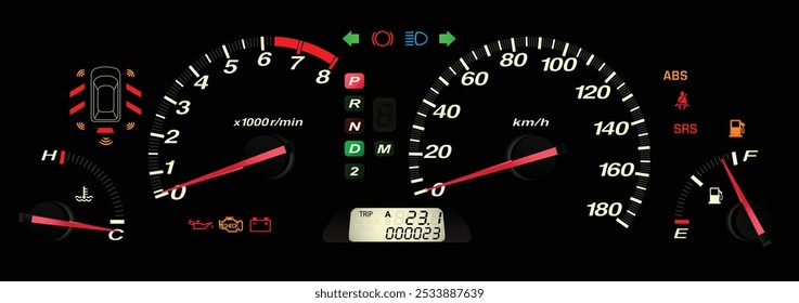 El panel de instrumentos de minivan japonés Y2K realista con transmisión automática incluyó el modo de cambio secuencial sin luz indicadora del modo SNOW en el Vector de ilustración de Especificaciones japonesas.