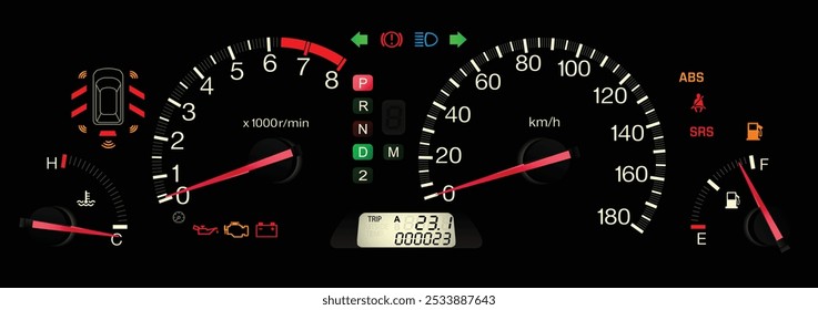 El panel de instrumentos japonés realista de la minivan Y2K con la transmisión automática incluyó el modo secuencial del cambio sin la luz indicadora del modo de la NIEVE en el Vector lujoso de la ilustración del estilo de la fuente.