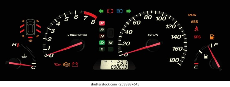 El panel de instrumentos japonés realista de la minivan Y2K con la transmisión automática incluyó el modo secuencial del cambio y el Vector de la ilustración de la luz del indicador del modo de la NIEVE.