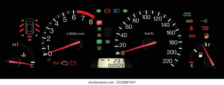 El panel de instrumentos de minivan japonés Y2K realista en Especificaciones asiáticas con transmisión automática incluyó el modo de cambio secuencial y el control de crucero en el lujoso Vector de ilustración de diales a escala completa de estilo tipográfico.