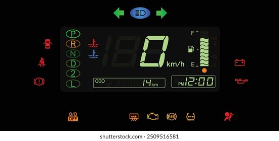 Realista y2k japonês multi-propósito van digital calibre cluster com indicador e luz de aviso sem taquímetro ilustração vetor.