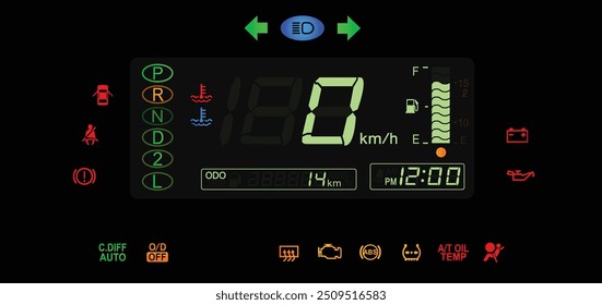 Realista y2k japonés multi-propósito furgoneta digital gauge cluster con indicador y luz de advertencia sin tacómetro en 4 Especificaciones de tracción Vector de ilustración.