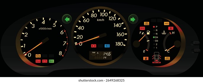 Realistic Y2K night time Japanese touring trim large sedan gauge cluster in fully function digital trip meter yellowish white theme without traction control and cruise control illustration vector.
