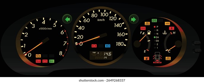 Realistic Y2K night time Japanese base trim large sedan gauge cluster in fully function digital trip meter yellowish white theme without traction control include stylish font illustration vector.
