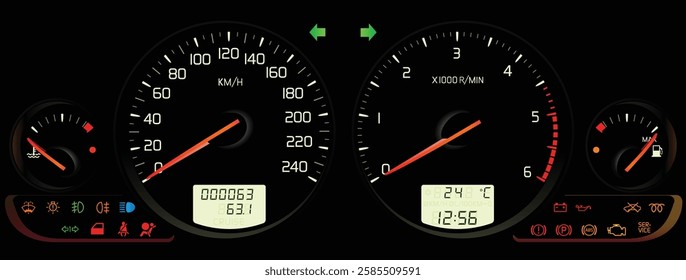 Realistic Y2K Swedish compact sedan full function gauge cluster in turbo diesel engine with manual transmission illustration vector.