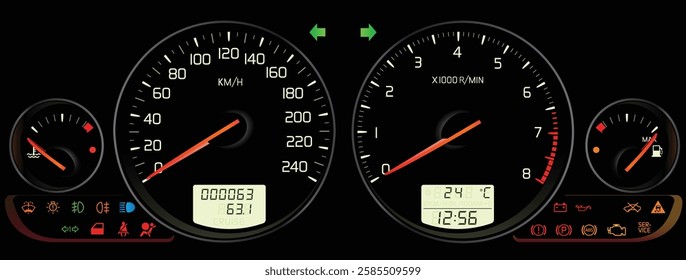 Realistic Y2K Swedish compact sedan full function gauge cluster in turbocharged gasoline injection engine with manual transmission included chrome ring edge and stability program illustration vector.