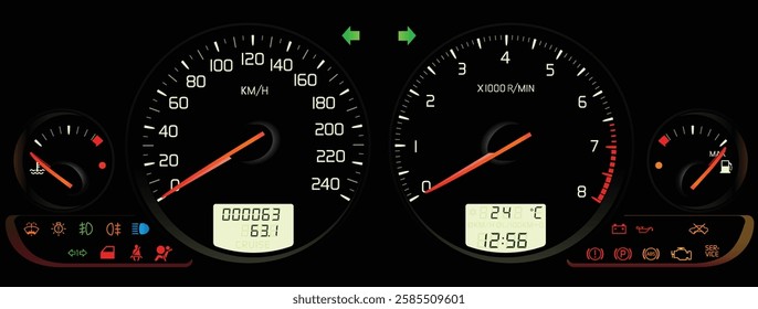 Realistic Y2K Swedish compact sedan full function gauge cluster in turbocharged gasoline injection engine with manual transmission illustration vector.