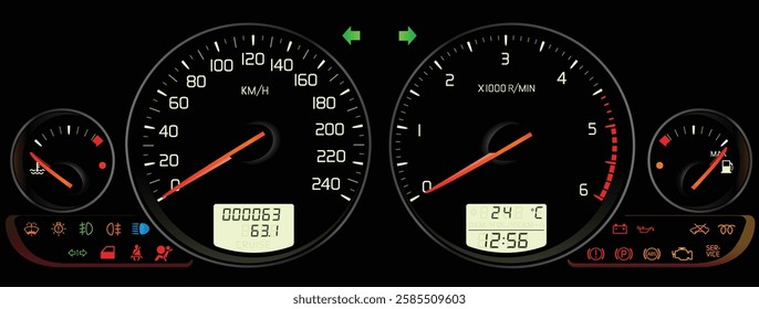 Realistic Y2K Swedish compact sedan full function gauge cluster in turbo diesel engine with manual transmission included chrome ring edge illustration vector.