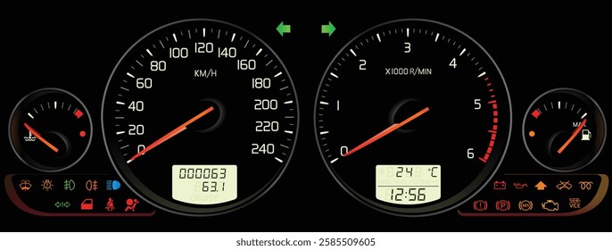 Realistic Y2K Swedish compact sedan full function gauge cluster in turbo diesel engine with automatic transmission included chrome ring edge illustration vector.