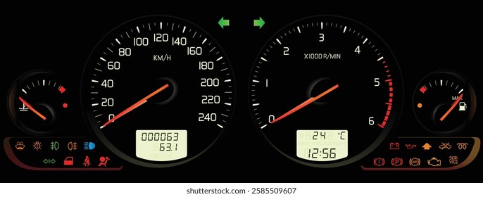 Realistic Y2K Swedish compact sedan full function gauge cluster in turbo diesel engine with automatic transmission illustration vector.