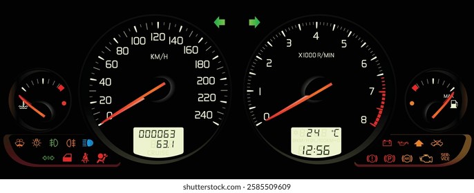 Realistic Y2K Swedish compact sedan full function gauge cluster in turbocharged gasoline injection engine with automatic transmission illustration vector.