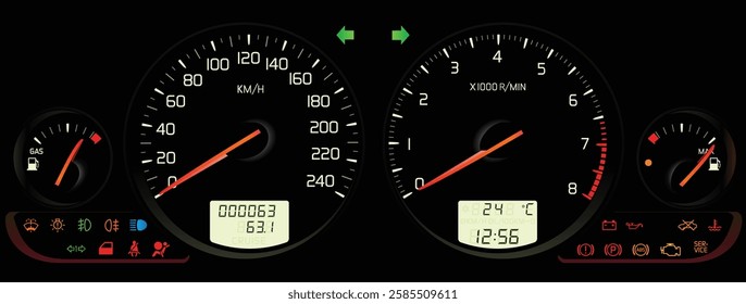 Realistic Y2K Swedish compact sedan full function gauge cluster in natural aspirated bi-fuel gasoline injection engine with manual transmission included coolant temp warning illustration vector.