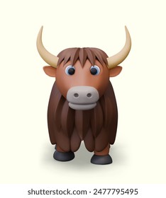 Realistic yak, front view. Long horned shaggy bull. Vector wild herbivore