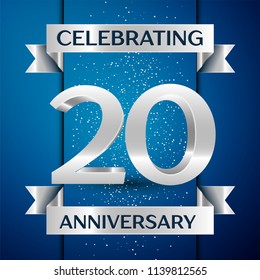 Realistic Years Anniversary Celebration design banner. Silver number, confetti and ribbon on blue background. Colorful Vector template elements for your birthday party