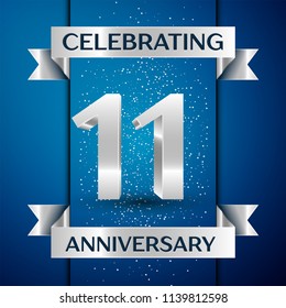 Realistic Years Anniversary Celebration design banner. Silver number, confetti and ribbon on blue background. Colorful Vector template elements for your birthday party