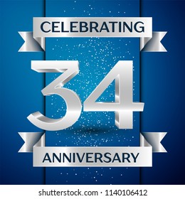 Realistic Years Anniversary Celebration design banner. Silver number, confetti and ribbon on blue background. Colorful Vector template elements for your birthday party