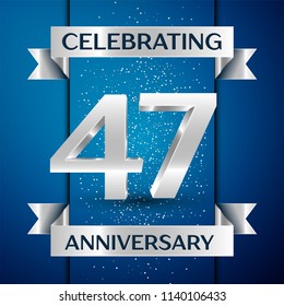 Realistic Years Anniversary Celebration design banner. Silver number, confetti and ribbon on blue background. Colorful Vector template elements for your birthday party