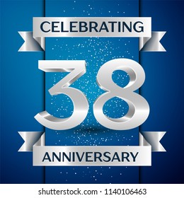 Realistic Years Anniversary Celebration design banner. Silver number, confetti and ribbon on blue background. Colorful Vector template elements for your birthday party