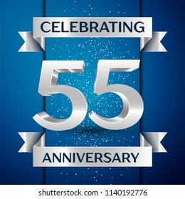 Realistic Years Anniversary Celebration design banner. Silver number, confetti and ribbon on blue background. Colorful Vector template elements for your birthday party