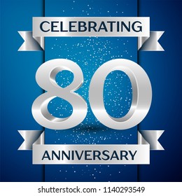 Realistic Years Anniversary Celebration design banner. Silver number, confetti and ribbon on blue background. Colorful Vector template elements for your birthday party