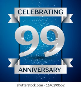 Realistic Years Anniversary Celebration design banner. Silver number, confetti and ribbon on blue background. Colorful Vector template elements for your birthday party