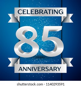 Realistic Years Anniversary Celebration design banner. Silver number, confetti and ribbon on blue background. Colorful Vector template elements for your birthday party