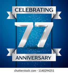 Realistic Years Anniversary Celebration design banner. Silver number, confetti and ribbon on blue background. Colorful Vector template elements for your birthday party