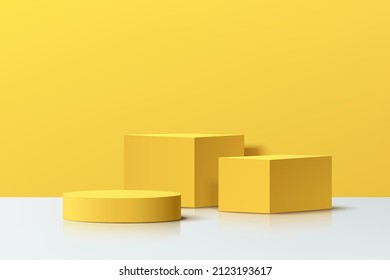 Realistic yellow 3D cube and cylinder pedestal podium set in abstract room. Minimal scene for products stage showcase, promotion display. Vector geometric platform design. Vector illustration