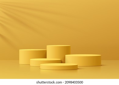 Realistic yellow 3D cylinder pedestal podium set with leaf shadow overlay. Minimal scene for products showcase, Promotion display. Vector abstract studio room platform design. Stage for showcase.