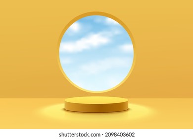 Realistic Yellow 3D Cylinder Pedestal Podium With Clouds Blue Sky In Circle Window. Minimal Scene For Products Showcase, Promotion Display. Vector Abstract Studio Room Platform Design. Stage Showcase.