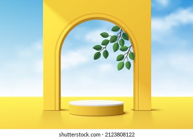 Realistic yellow 3D cylinder pedestal podium with cloud blue sky and green leaf in arch shape scene. Minimal scene for products showcase, Stage promotion display. Vector abstract studio room platform.