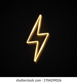 Realistic yellow 3d neon energy sign. Lightning bolt for decoration banner isolated on transparent background. Flash thunder design concept. Light electricity power symbol. Bright vector illustration.