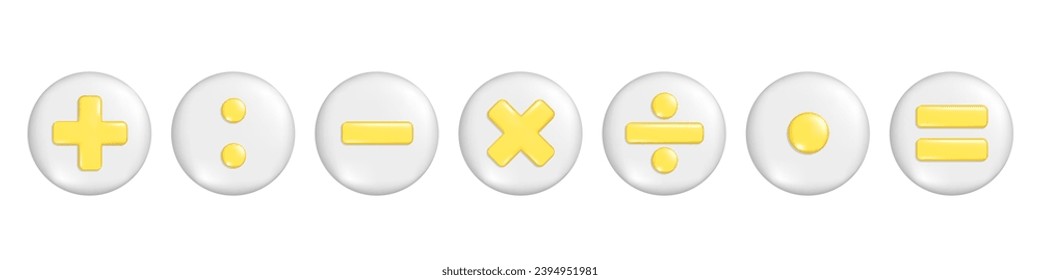 Realistic yellow 3d plus, minus, multiply, division and equal sign on round button. Arithmetic 3d element, education maths icon, mathematical symbol. Vector illustration isolated on white background