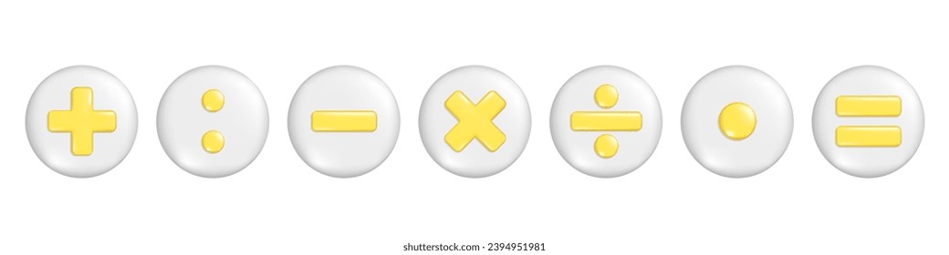 3d amarillo realista más, menos, multiplicar, división y signo igual en botón redondo. Elemento aritmético 3d, icono de matemáticas educativas, símbolo matemático. Ilustración del vector aislada en fondo blanco