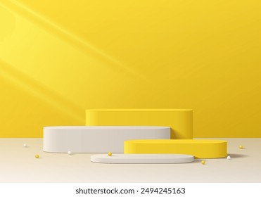 Realistic yellow 3D round podium set background with beads ball, yellow wall scene. Minimalist mockup pedestal, Abstract product display presentation, Stage showcase. Platforms vector geometric design